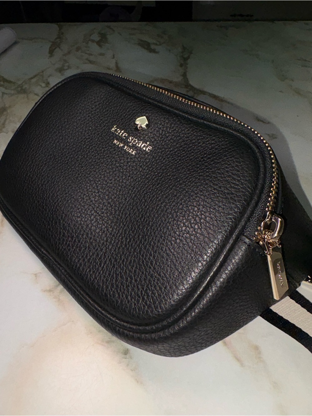kate spade Black and White Striped Logo Webbing Strap with Gold Buckle